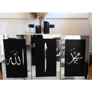Eyka Store Büyük Boy Siyah Ahşap Üzeri Gümüş Aynalı Pleksi Allah Muhammed Elif Tablo Seti 3 Lü