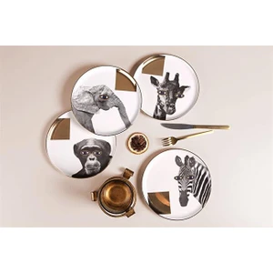 Wild Life 4'lü 21 cm Pasta Takımı Zürafa, Fil, Maymun ve Zebra Desenli Alumilite Porselen