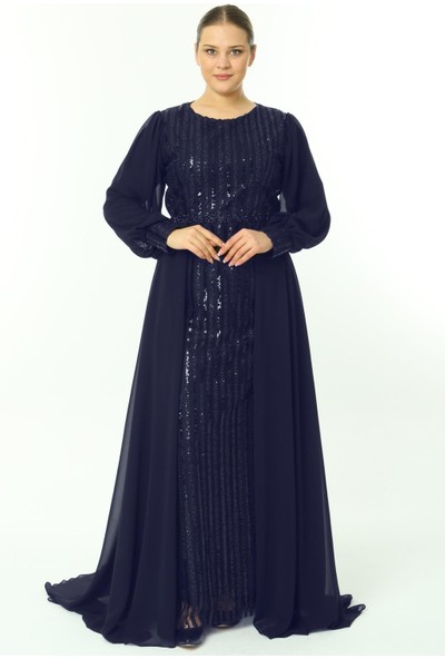 Ladies First Büyük Beden 3703 Lacivert Uzun Abiye Elbise