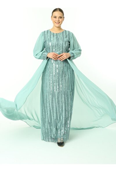 Ladies First Büyük Beden 3703 Küf Yeşili Uzun Abiye Elbise