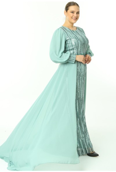 Ladies First Büyük Beden 3703 Küf Yeşili Uzun Abiye Elbise