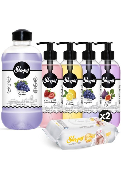Sleepy Üzüm Sıvı Sabun 1500 ml & Meyve Serisi Sıvı Sabun Seti+ Sensitive Islak Havlu 2 x 90