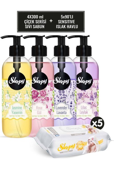 Sleepy Çiçek Serisi 4'lü Avantaj Paketi 4×300 ml Sıvı Sabun Seti + Sensitive Islak Havlu 5X90