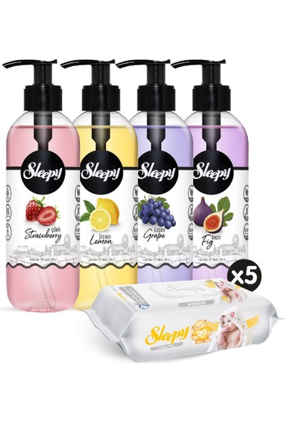Sleepy Meyve Serisi 4'lü Avantaj Paketi 4×300 ml Sıvı Sabun Seti + Sensitive Islak Havlu 5X90