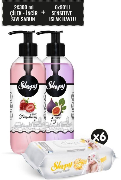 Sleepy Çilek Sıvı Sabun 300ML & Incir Sıvı Sabun 300ML Sıvı Sabun Seti + Sensitive Islak Havlu 6X90
