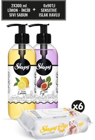 Sleepy Limon Sıvı Sabun 300 ml & Incir Sıvı Sabun 300 ml Sıvı Sabun Seti+Sensitive Islak Havlu 6X90