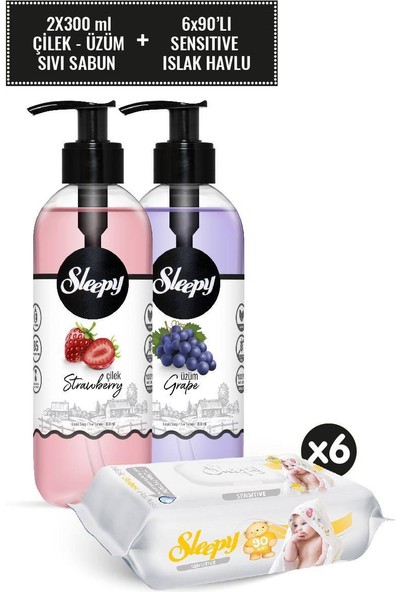 Sleepy Çilek Sıvı Sabun 300 ml & Üzüm Sıvı Sabun 300 ml Sıvı Sabun Seti + Sensitive Islak Havlu 6X90