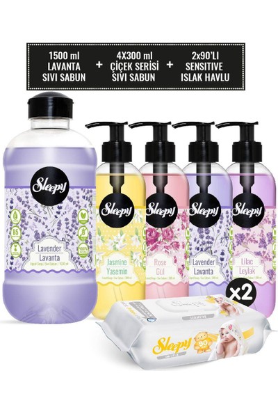 Sleepy Lavanta Sıvı Sabun 1500 ml & Çiçek Serisi Sıvı Sabun Seti + Sensitive Islak Havlu 2X90