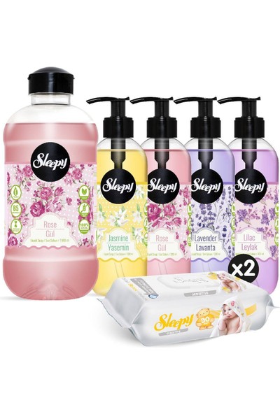 Sleepy Gül Sıvı Sabun 1500 ml & Çiçek Serisi Sıvı Sabun Seti + Sensitive Islak Havlu 2X90