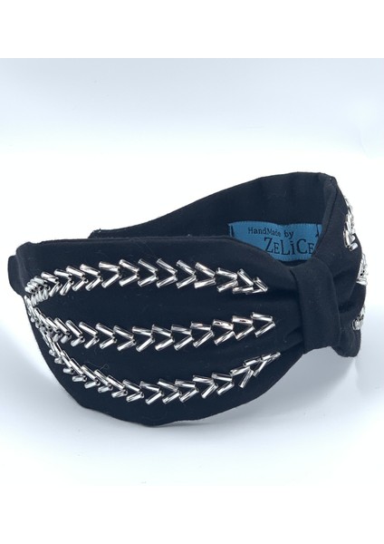 Fıshbone Model Kristal Boncuk Işlemeli Siyah Saten Taç Dar Kalıp FISH01