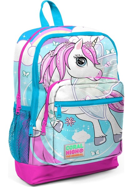 İlkokul Sırt Çantası 4 Bölmeli Ortopedik Unicorn Desenli Mavi Neon Pembe Kız Çocuk 27x38x14 cm