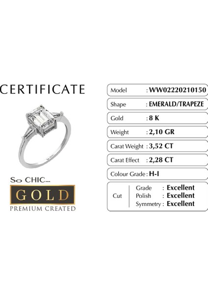 So CHIC Beyaz Altın Sertifikalı Premium Created Taşlı Emerald Kesim Tektaş Yüzük