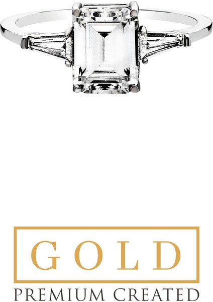 Beyaz Altın Sertifikalı Premium Created Taşlı Emerald Kesim Tektaş Yüzük fiyatları