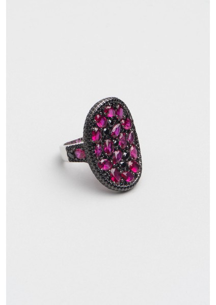 Fuşya ve Siyah Taşlı 18 Ayar Beyaz Altın Kaplama Gümüş Tasarım Yüzük fiyatları