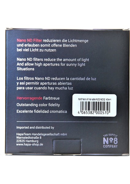 No8 43MM Nano Variable Density Nd 2-32 Filtre (1-5 Stop)