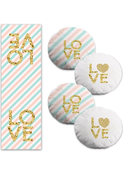 Love Temalı 4 Yuvarlak Kırlent Kılıfı ve 1 Runner Seti