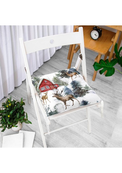 Kar Zeminli Geyik & Çam Ağacı Tasarımlı Dijital Baskılı Modern Pofidik Sandalye Minderi fiyatları
