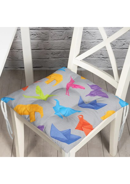 Gri Zeminli Origami Sanatı Dijital Baskılı Modern Pofidik Sandalye Minderi