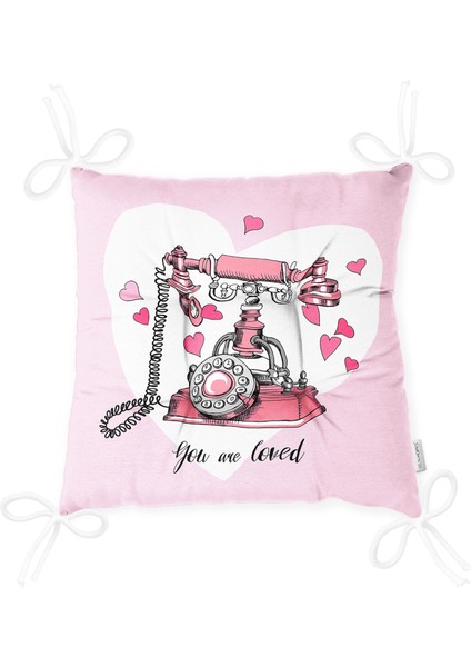 Pembe Zemin Kalpli Antika Telefon Tasarımlı Dijital Baskılı Modern Pofidik Sandalye Minderi