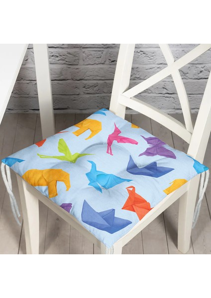 Mavi Zeminli Origami Sanatı Dijital Baskılı Modern Pofidik Sandalye Minderi