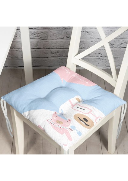 Mavi Zeminde Anne ve Yavru Ayı Baby Shower Dijital Baskılı Çocuk Odası Pofidik Sandalye Minderi
