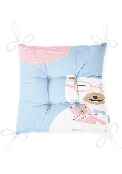 Mavi Zeminde Anne ve Yavru Ayı Baby Shower Dijital Baskılı Çocuk Odası Pofidik Sandalye Minderi modelleri