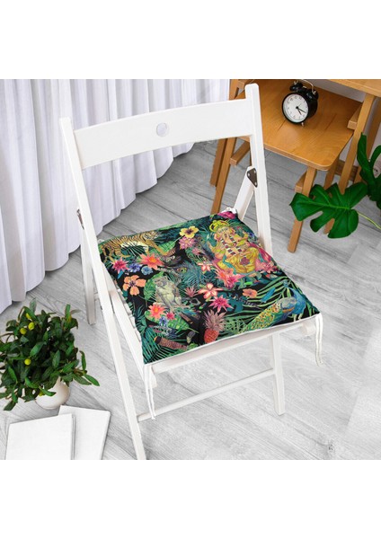 Lacivert Zeminli Amazon Ormanları Temalı Modern Pofidik Sandalye Minderi fiyatları