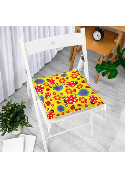 Sarı Zeminde Uğurböceği Dijital Baskılı Modern Pofidik Sandalye Minderi