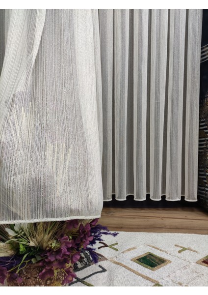 Altın Sarı Çizgili Çelik Simli 1-3 Sık Pile Tül Perde modelleri