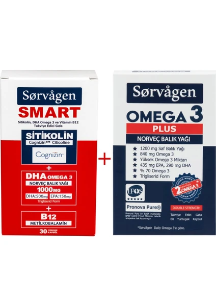 Smart Sitikolin, Dha Omega 3, B12 (30 Kapsül) + Sorvagen Omega 3 Plus Norveç Balık Yağı