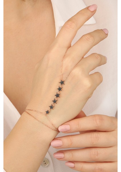 Rose Siyah Taşlı Süzme Yıldızlar 925 Ayar Gümüş Şahmeran