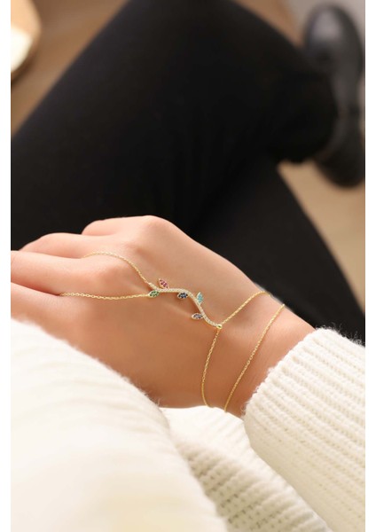 Altın Kaplama Renkli Yapraklı Ağaç Dalı 925 Ayar Gümüş Şahmeran