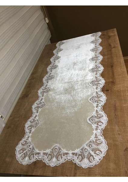 Akasya Kadife Güpürlü Krem Runner 40*110 cm - 555