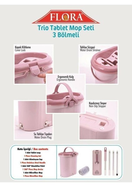 Flora Trio Tablet Mop Temizlik Seti 3 Bölmeli
