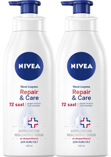 NIVEA Repair&Care Vücut Losyonu 400 ml x2 Adet,Çok Kuru Ciltler,Gergin ve Kuru Ciltte 72 Saat Rahatlama