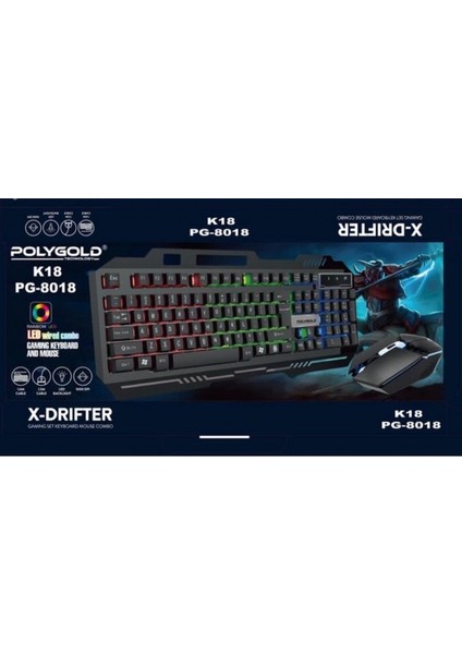 Polygold K-18 PG-8018 Oyuncu Klavye Mouse Set X-Drifter