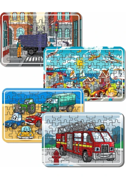 Çöp Kamyonu, Itfaiye Arabası ve Taşıtlar 54 Parça 4'lü Ahşap Puzzle Set PUZ1708