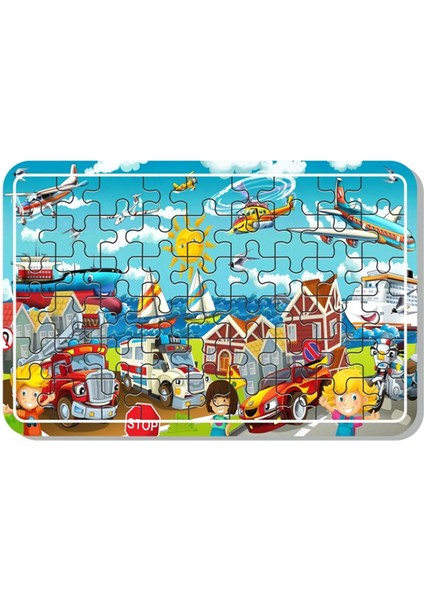 Çöp Kamyonu, Itfaiye Arabası ve Taşıtlar 54 Parça 4'lü Ahşap Puzzle Set PUZ1708