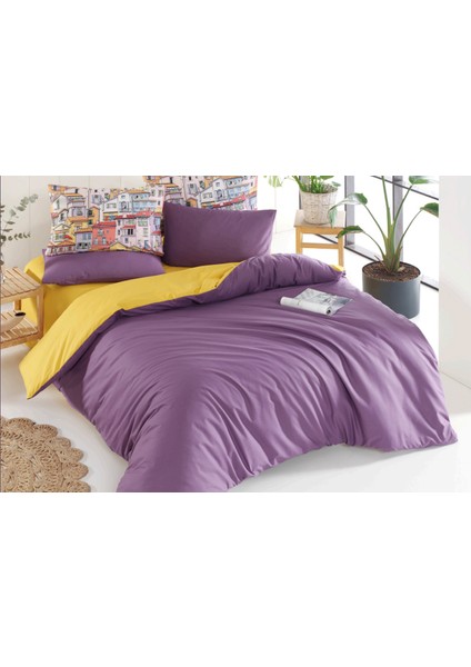 Düz Boya Tek Kişilik Nevresim Takımı Cartoon Town * Düz Nevresim Seti (2 Yastık Kılıfı)