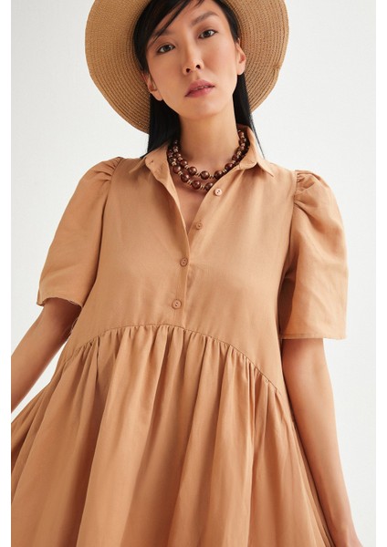 Oversize Önü Patlı Keten Elbise