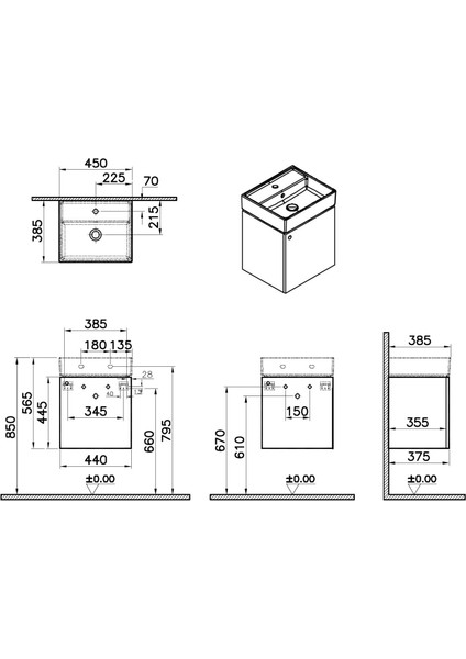 ArchiPlan 66558 Lavabo Dolabı, 45x38 cm, Mat Bej / Sağ