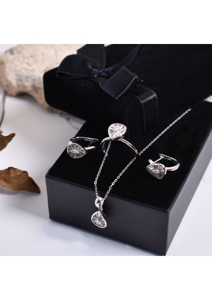 Damla Kolye, Yüzük ve Küpe 925 Ayar Gümüş 3'lu Set
