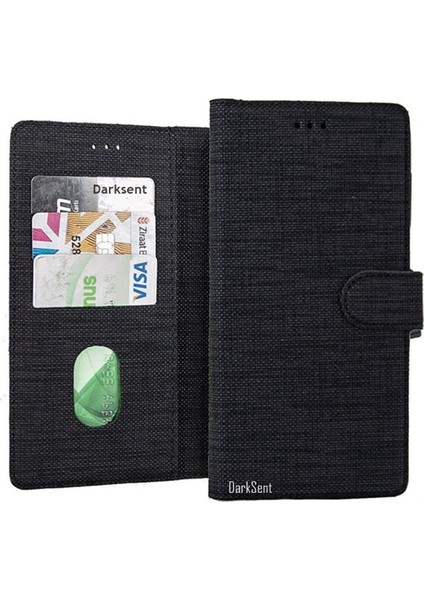 Huawei Mate 20 Lite Standlı Kartvizitli ve Para Gözlü Kumaş Cüzdan Kılıf