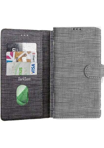 Huawei Y7 2019 Standlı Kartvizitli ve Para Gözlü Kumaş Desen Cüzdan Kılıf