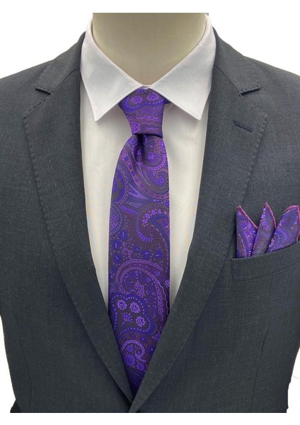 Mor Şal Desen Kravat Mendil Set
