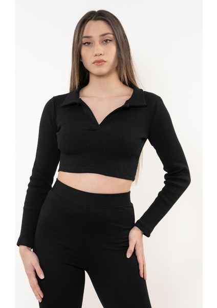 Kadın Siyah Polo Yaka Fitilli Örme Crop Bluz