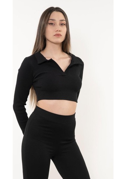 Kadın Siyah Polo Yaka Fitilli Örme Crop Bluz fiyatları