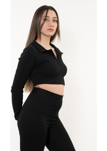 Kadın Siyah Polo Yaka Fitilli Örme Crop Bluz modelleri