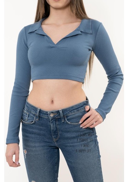 Kadın Mavi Polo Yaka Fitilli Örme Crop Bluz fiyatları