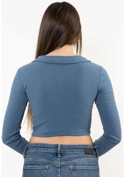 Kadın Mavi Polo Yaka Fitilli Örme Crop Bluz fırsatları